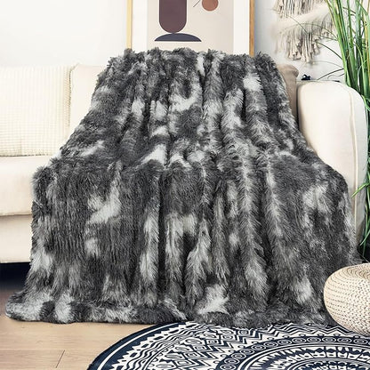 Tuddrom Decorative Extra Soft Faux Fur Blanket Queen Size 80"x90",Solid Reversible Fuzzy Fluffy Plush Fleece Comfy Microfiber Fur Blanket for Couch Sofa Bed,Tie Dye Grey