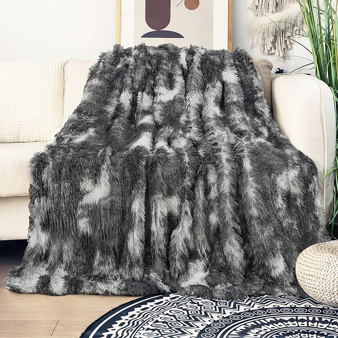 Tuddrom Decorative Extra Soft Fuzzy Faux Fur Throw Blanket 50" x 60",Solid Reversible Long Hair Shaggy Blanket,Fluffy Cozy Plush Comfy Microfiber Fleece Blanket for Couch Sofa Bedroom,Tie Dye Grey