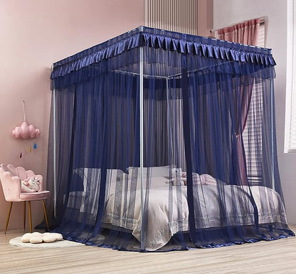 Mengersi 4 Corners Post Canopy Bed Curtains Navy Blue- Bed Canopy Royal Luxurious Bed Drapes Netting- Elegant Bedroom Decoration Accessories for Adults,King