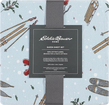Eddie Bauer - Queen Sheets, Cotton Flannel Bedding Set, Brushed For Extra Softness, Cozy Home Decor (Snow Days, Queen)