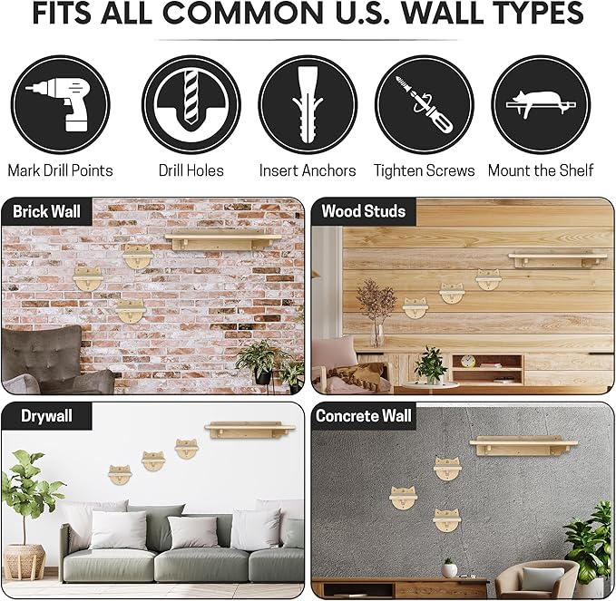 Snuggle & Play Cat Wall Shelves with Suction Cup Wand – 3 Mounted Steps, Climbing Wall Shelves and Furniture with Cat Wand-Mewly Pet