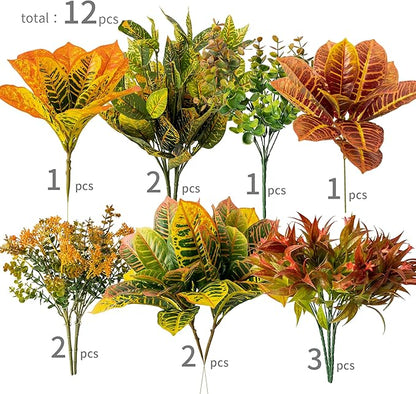 PARTY JOY 12 Bunches Artificial Fall Flowers, Fake Plants Outdoor, Fake Bushes UV Resistant Artificial Flowers Greenery Shrubs Faux Greenery for Outdoor Garden Patio Front Porch Yard Decor