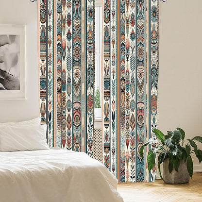 Ambesonne Ethnic Curtains, Folkloric Style Floral Ornaments with Bohemian Oriental Motifs as Stripes, Window Treatments 2 Panel Set for Living Room Bedroom, Pair of - 28" x 63", Teal Coral and Orange