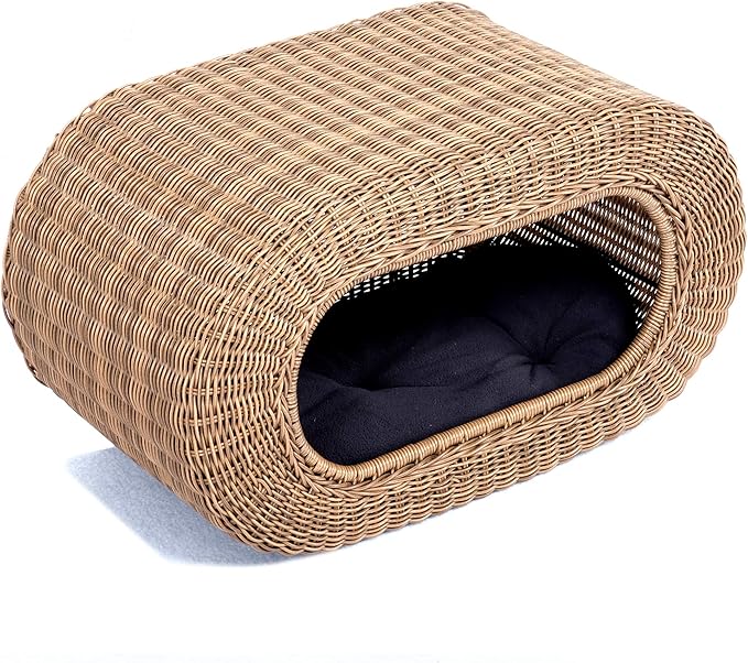 Fun Stackable Wicker Cat Hideaway House - Interactive Play Rattan Cat House for Indoor Cats Kitty, Pet Friendly Top/Side House Entry, Cat Bed Enclosed-Mewly Pet