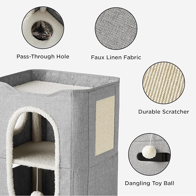 Bedsure 2 Story Cat House - Cat Condos for Indoor Cats with Scratch Pad and Fluffy Ball Hanging, Small Pet Cave Furniture Hideaway for Multi Pets, 18x14x23 inches, Grey-Mewly Pet