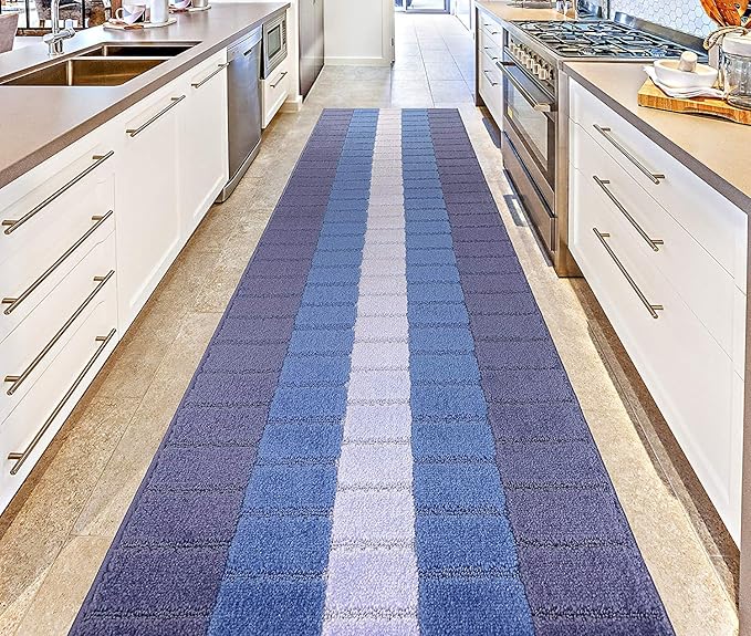 Custom Size Coastal Nautical Style Runner Rug Carpet for Hallway Entryway, Slip Resistant Latex Rubber Backed, 31 inch Wide X Customized Length, Squares Blue, 31 inch X 40 feet