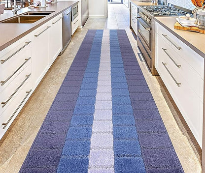 Custom Size Coastal Nautical Style Runner Rug Carpet for Hallway Entryway, Slip Resistant Latex Rubber Backed, 31 inch Wide X Customized Length, Squares Blue, 31 inch X 25 feet
