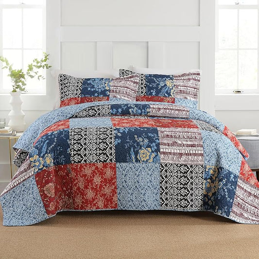Secgo Queen Comforter Set for Bed - 100% Cotton Quilts Queen Size, Black Bedspreads (90 * 98 Inch) with 2 Pillow Shams, Patchwork Reversible Lightweight Bedding