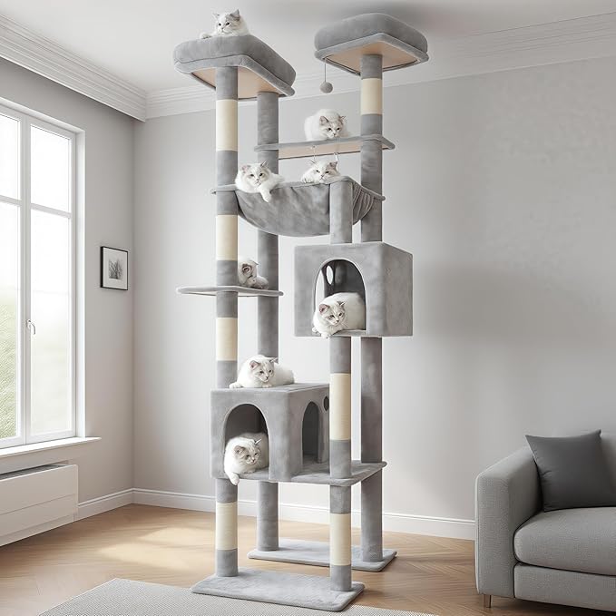 Hey-brother Tall Cat Tree Tower, Heavy Duty Scratching Posts with Large Platforms, Cozy Condos, Big Hammock, Toy Balls, Multi-Level Furniture for Indoor Adult Cats, 80.7 Inches, Light Gray MPJ039W-Mewly Pet