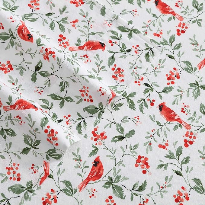 Laura Ashley - Flannel Sheets Queen Size, Anti-Pilling & Wrinkle Resistant Cotton, Touchably Soft for All-Season Comfort - Bed Sheets with Matching Pillowcases & Fitted Sheet (Jolly Cardinals Green)
