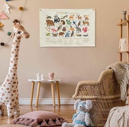 Alphabet poster for Nursery Toddlers, Play Room Wall Decor, ABC Wall Chart, Wall Hanging Decor for Toddler Playroom Decor Kids Wall Decor, Woodland Alphabet-Rectangle Banner Flag Wall Sign Decor Gift
