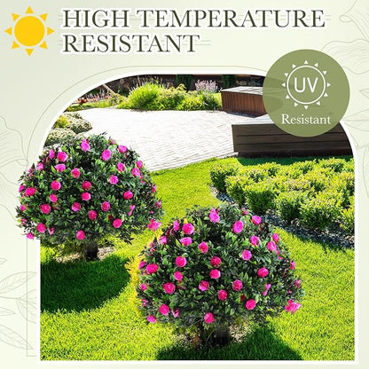 Yunlly Set of 2 Artificial Boxwood Topiary Ball Tree Fake Bushes Shrubs Outdoor Faux Plant with Ground Spike Flowers UV Resistance Greenery for Front Porch Garden Patio Indoor(Pink,18x10inch)