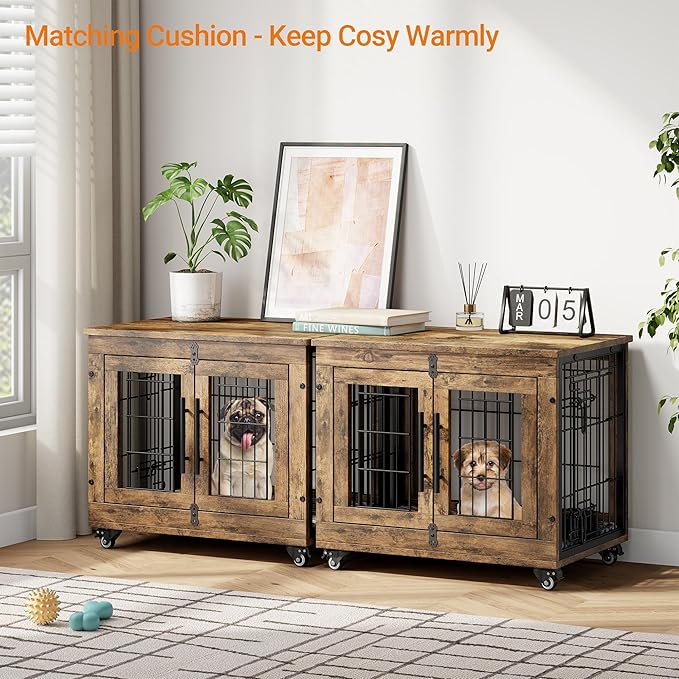 Lulive Small Dog Crate Furniture, Dog Kennel Indoor Double Doors Wooden Dog Cage, 27.1'' Heavy Duty Dog Crate with Cushion & Wheels, Decorative End Table Pet House Chew-Resistant for Small Dogs, Brown-Mewly Pet