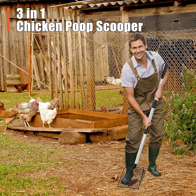 Esmorah Chicken Poop Scooper for Sand & Coop Cleaning - Sifting Shovel with 22"-40" Adjustable Handle, 3 Lengths Heavy Duty Stainless Steel Sifter-Mewly Pet