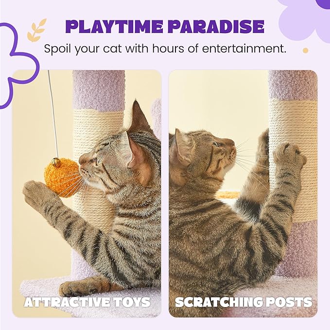 MWPO Flower Cat Tree for Indoor Cats, 63.8 Inches Multi-Level Cat Tower with Sisal-Covered Scratching Posts, Padded Platform, Hammock, Dangling Toys, Stable Cat Condo Pet Play House-Mewly Pet