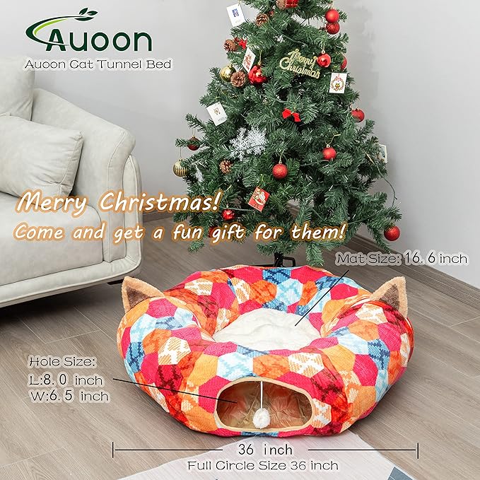 AUOON Cute Cat Donut Tunnel - Interactive Cat Tunnel Bed for Indoor Cats Kitten Kitty Puppy Rabbit Ferret (Orange)-Mewly Pet