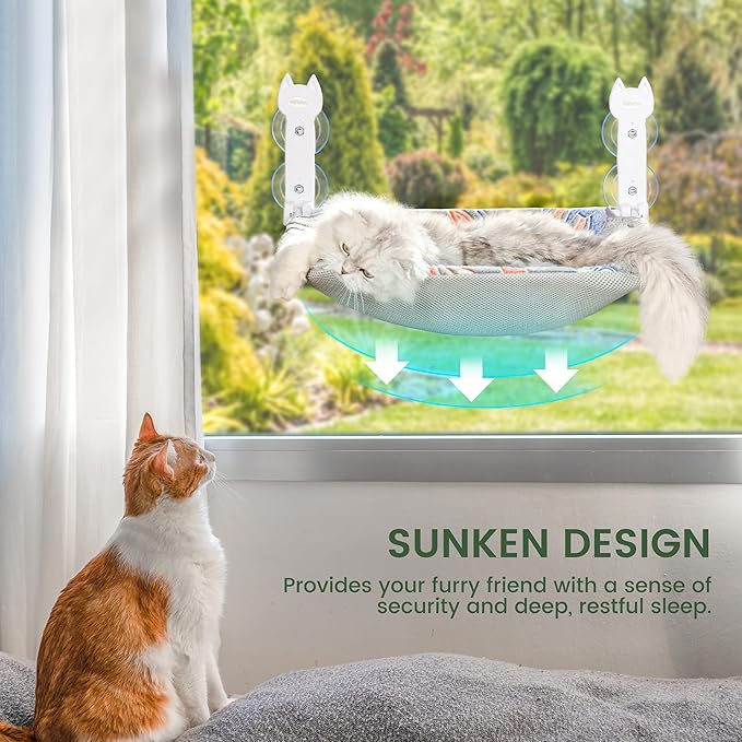 Cat Window Perch, Glow in The Dark Foldable Cat Hammock with Sunken Design & Removable Soft Cover, Breathable Cordless Window Bed for Resting Indoor Kitten (Shallow Perch, 1 Pack - M)-Mewly Pet