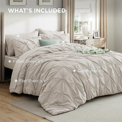 Bedsure Queen Comforter Set Linen - Bed in a Bag Queen Size Bedding 7 Pieces, GentleSoft™ Pintuck Bed Set Gift for Family, Pinch Pleat All Season Comforter with Sheets, Pillowcases & Shams