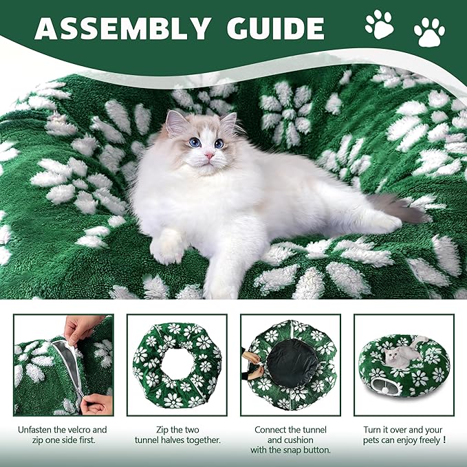 Cat Tunnel for Indoor Cats, Cute Peekaboo Cat Cave with Dangling Balls, Pet Donut Tunnel Bed with Circle Mat for Puppy Kitten Rabbit, Green Flower-Mewly Pet