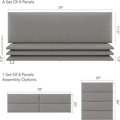 Vänt Upholstered Wall Panels - King/Cal King Size Wall Mounted Headboards - Weave Moondust Grey - Twin/King - Set of 4 Panels (Each Individual Panel 39"x11.5")