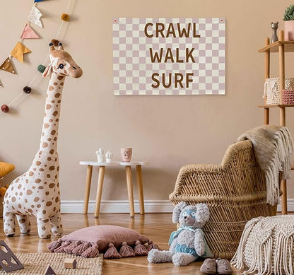 Nursery Rectangular Canvas Banner-Boho Flag Wall Sign Decor for Baby Boy Girl Kid,Baby Room Above Crib Playroom Reading Room Bedroom Decor-Crawl Walk Surf Theme-Baby Shower Birthday Christmas Gift