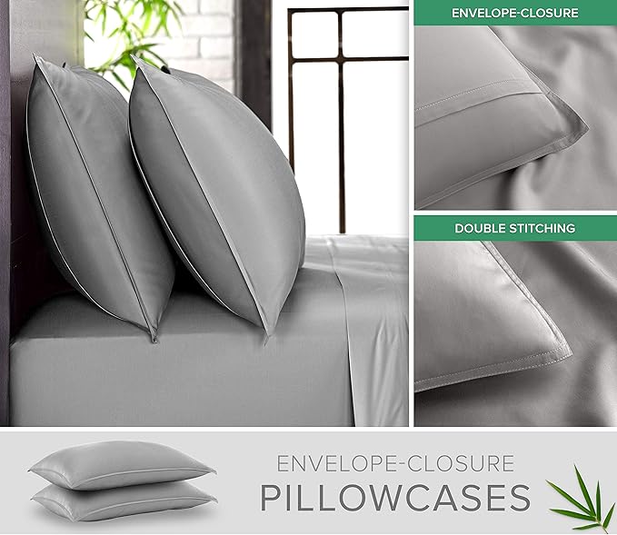 Short Queen Sheets by Pure Bamboo for RV Camper (60"x75") - Genuine 100% Organic Viscose Derived from Bamboo Bed Sheet Set, Soft & Cooling, Lifetime Quality Promise (Short Queen, Stone Grey)