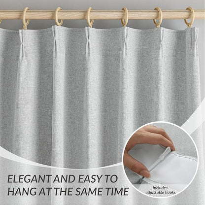 KangBang Pinch Pleated Light Grey Blackout Curtains 102 Inches Long, Linen Textured Noise Blocking Curtains for Living Room, Solid Pleat Modern Vertical Drapes with Hooks,42" W x 102" L,2 Panels
