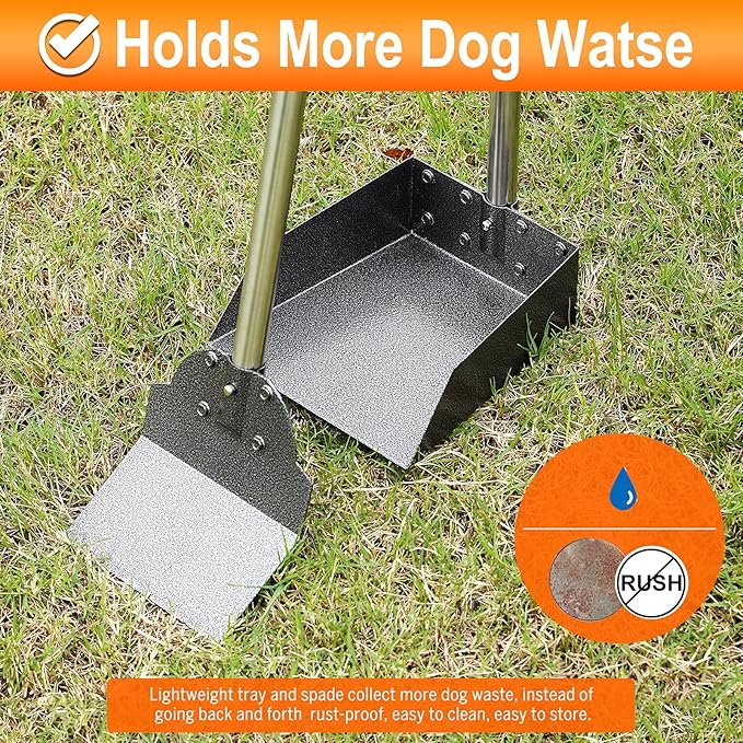 Dog Pooper Scooper, Adjustable Handle Poop Scooper with Tray,Rake and Spade Set of 3, Steel Stainless Poop Scoop for Small Medium Dogs and Pet Waste on Grass, Dirt and Gravel (Medium Size)-Mewly Pet