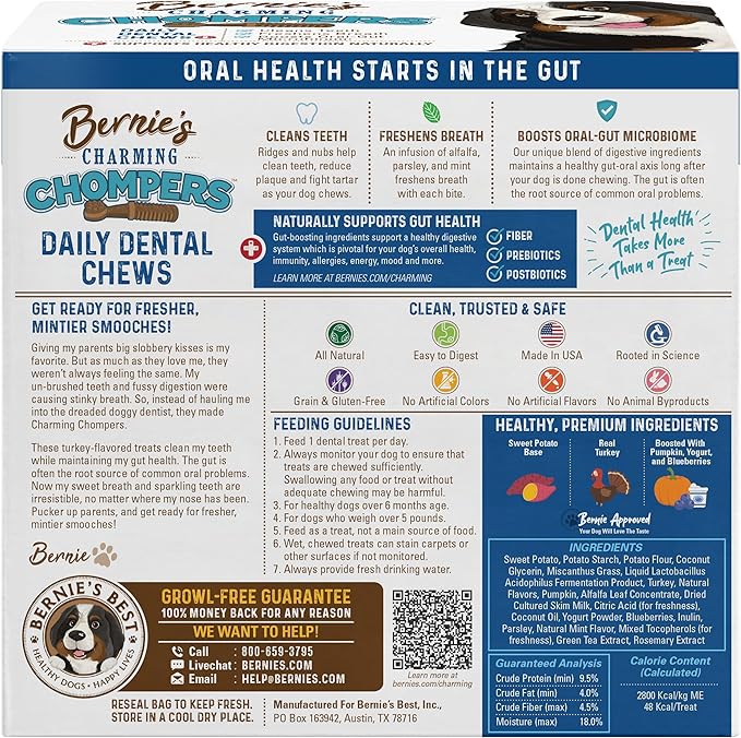 Bernie's Charming Chompers - Daily Dental Chews for Dogs - Cleans Teeth, Freshens Breath, + Boosts Oral-Gut Microbiome. Easy to Digest, Supports Healthy Digestion Naturally (36 oz, Small Dogs)-Mewly Pet