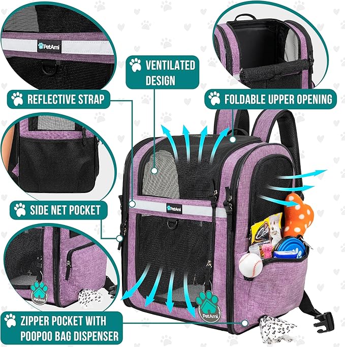 PetAmi Dog Backpack Carrier For Small Large Cat, Pet, Puppies, Ventilated Pet Hiking Backpack Travel Bag, Airline Approved Cat Backpack Carrier, Safety Back Support, Camping Biking, Max 18 lbs, Purple-Mewly Pet