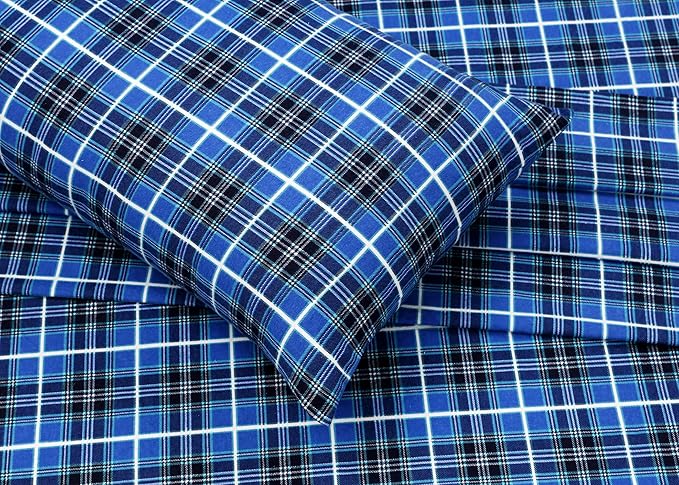 RUVANTI Flannel Sheets Queen Size - 100% Cotton Double Brushed Bed Sheets, Deep Pockets 16 Inches Queen Sheet Set, All Seasons Breathable & Extra Soft - Warm & Cozy, 4 Piece, Blue Plaid