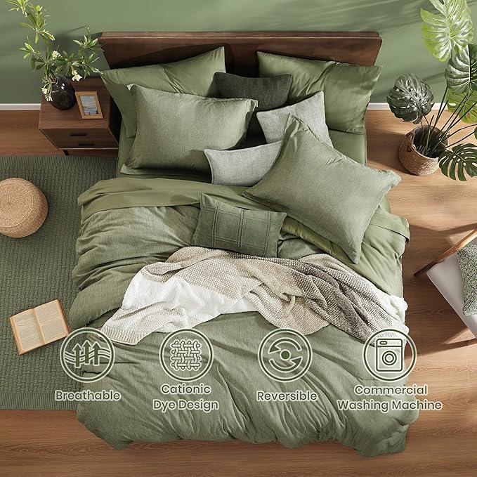 Monbix Oversized Queen Comforter Set - 7 Pieces Cationic Dyeing Sage Green Bed in a Bag Bedding Sets with Comforter, Sheets, Pillowcases & Shams, Reversible Bedding Comforters Sets