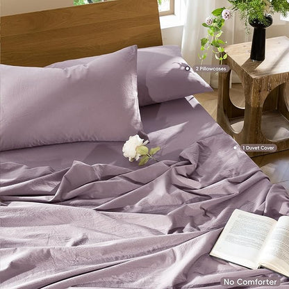 MooMee Bedding Duvet Cover Set 100% Washed Cotton Linen Like Textured Breathable Durable Soft Comfy (Solid Taro Purple, Super Queen 90"x98")
