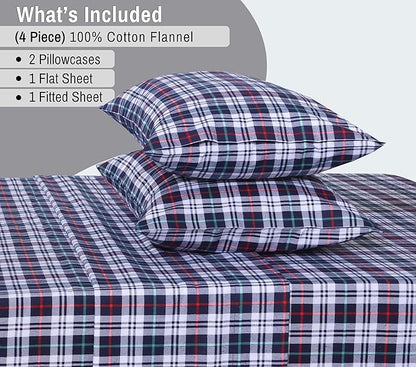 RUVANTI Flannel Sheets Queen Size - 100% Cotton Double Brushed Bed Sheets, Deep Pockets 16 Inches Queen Sheet Set, All Seasons Breathable & Extra Soft - Warm & Cozy, 4 Piece, Noel