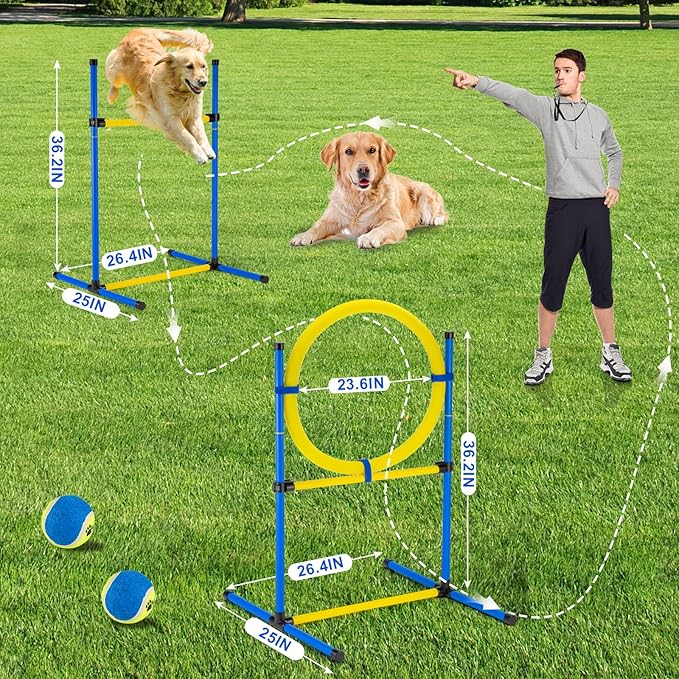 Dog Agility Training Equipment, Dog Agility Course Backyard Set, Pet Outdoor & Indoor Obstacle Course, with Agility Hurdle, Jump Ring, Toy Balls and Storage Bag