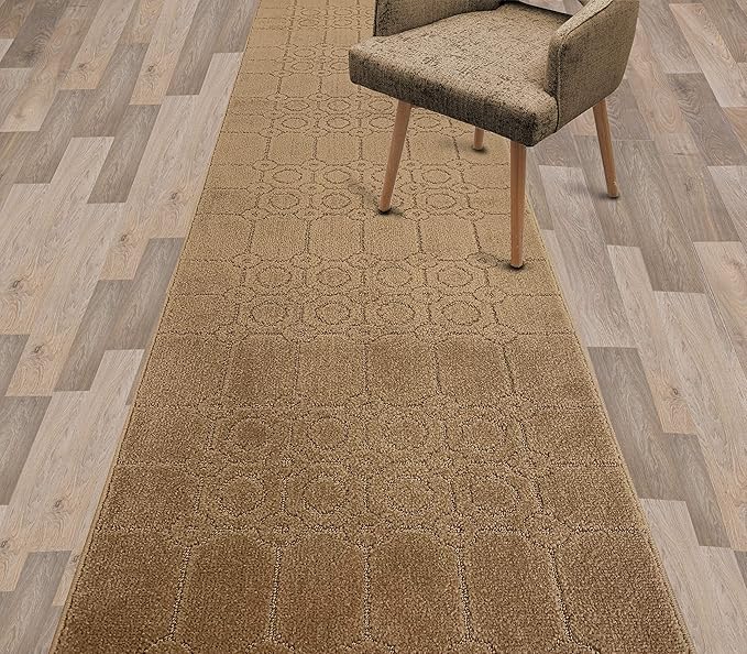 Custom Size Modern Abstract Floor Carpet Runner Rug for Hallways, Slip Resistant Latex Rubber Backed, 31 inch Wide X Customized Length, Art Gold Tan, 31 inch X 32 feet
