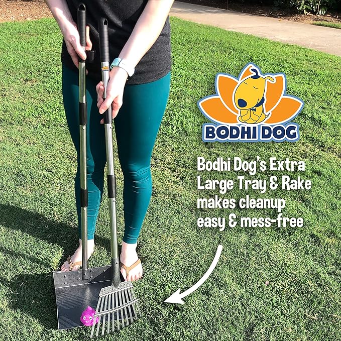 Bodhi Dog Pooper Scooper for Large Dogs - Heavy Duty Metal Poop Scoop w/Long Handle Tray & Rake - Dog Poop Scooper for Yard, Grass, Street, Gravel & Outdoor Areas - Pet Waste Cleanup Tool-Mewly Pet