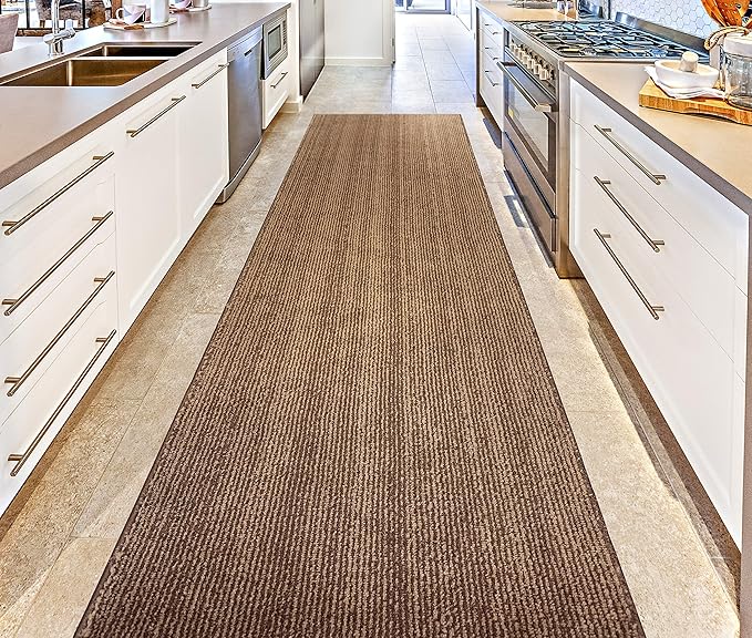 Custom Length Cut to Size Wide Width Carpet Runner Rug for Hallways, Slip Resistant Latex Rubber Backed, 31 inch Wide X Customized Length, Stripe Brown, 31 inch X 17 feet