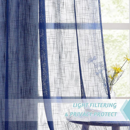 RYB Home Linen Sheer Curtains - Grommet Semi Sheer Privacy Farmhouse Curtain Panels for Bedroom Office Living Room, W 52 inch x L 45 inch, 2 Pcs, Navy Blue