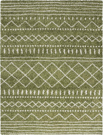 SAFAVIEH Arizona Shag Collection Area Rug - 6'7" x 9'2", Green & Ivory, Moroccan Design, Non-Shedding & Easy Care, 1.6-inch Thick Ideal for High Traffic Areas in Living Room, Bedroom (ASG741X)