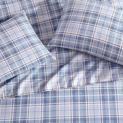 Laura Ashley - Flannel Sheets Twin Size, Anti-Pilling & Wrinkle Resistant Cotton, Touchably Soft for All-Season Comfort - Bed Sheets with Matching Pillowcase & Fitted Sheet (Muholland Plaid Blue)