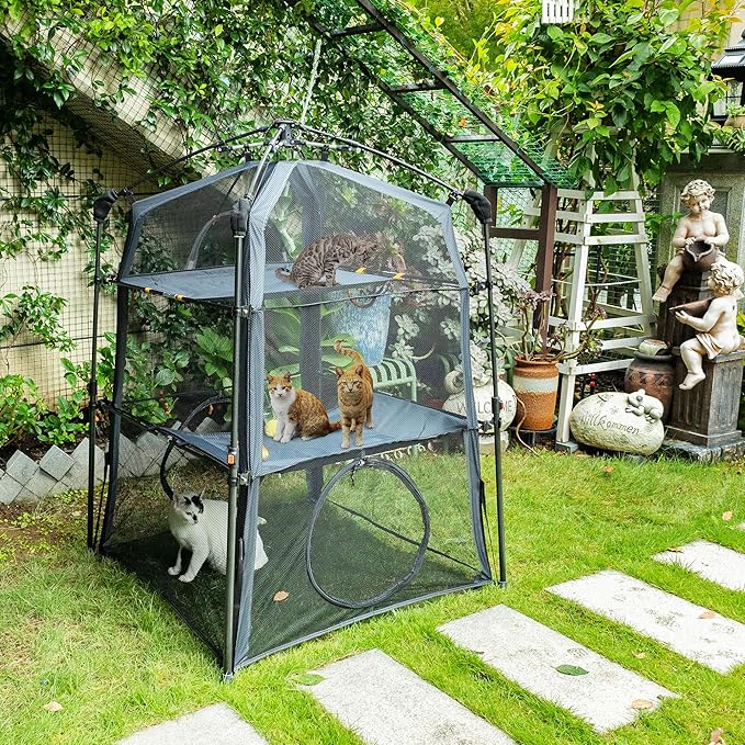 X-Large Catio Outdoor Cat Enclosure and Cat Tower Tent for Indoors and Outdoor,3 Tier Spacious Cat Tent,Portable and Foldable Catio,Two Doors Design can Assemble More Shapes (Patented)-Mewly Pet
