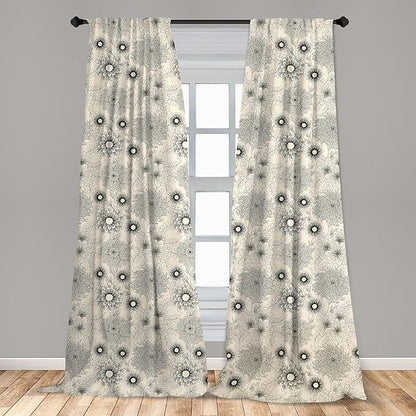 Ambesonne Dahlia Curtains, Vintage Style Garden Flower Sketches of Dahlia and Chrysanthemum Botany Theme, Window Treatments 2 Panel Set for Living Room Bedroom, Pair of - 28" x 84", Beige Black