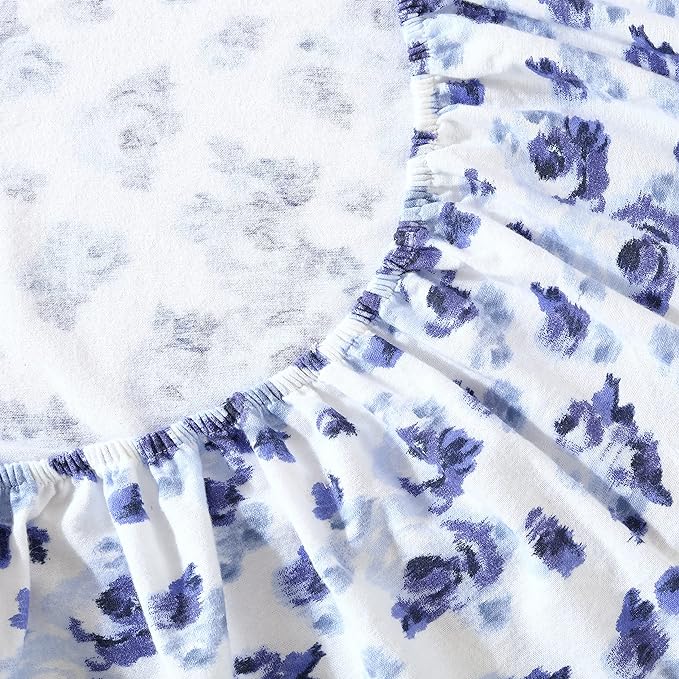 Laura Ashley - Flannel Sheets Full Size, Anti-Pilling & Wrinkle Resistant Cotton, Touchably Soft for All-Season Comfort - Bed Sheets with Matching Pillowcases & Fitted Sheet (Emelisa Blue)