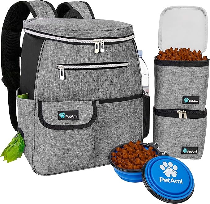 PetAmi Dog Travel Bag Backpack, Airline Approved Dog Bags for Traveling, Puppy Diaper Bag Supplies, Pet Camping Essentials Hiking Accessories Dog Mom Gift, Food Container, Collapsible Bowls, Gray-Mewly Pet