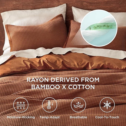 Bedsure Cooling Waffle Duvet Cover King - Cotton Blend Rayon Derived from Bamboo Duvet Cover Set for Hot Sleepers, Breathable Bedding Set with a Vintage Charm, 3 Pieces (Burnt Orange, King, 104"x90")