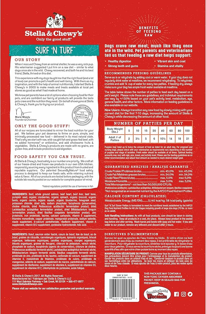 Stella & Chewy's Freeze-Dried Raw Dinner Patties - Surf 'N Turf Salmon & Beef Recipe - High Protein Grain-Free Puppy & Dog Food - Perfect For Picky Eaters - 5.5 oz-Mewly Pet