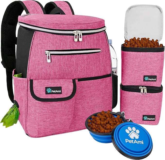 PetAmi Dog Travel Bag Backpack, Airline Approved Dog Bags for Traveling, Puppy Diaper Bag Supplies, Pet Camping Essentials Hiking Accessories Dog Mom Gift, Food Container, Collapsible Bowls, Pink-Mewly Pet