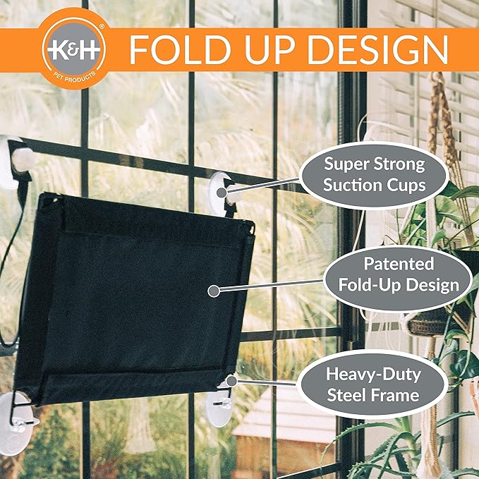 K&H Pet Products EZ Mount Cat Window Perch for Large Cats, Sturdy Kitty Sill Window Hammock Bed, Steel Frame, Sturdy Suction Cups, Washable Shelf Cover, Foldable - Fits 27"W X 23"H Glass Spaces-Mewly Pet