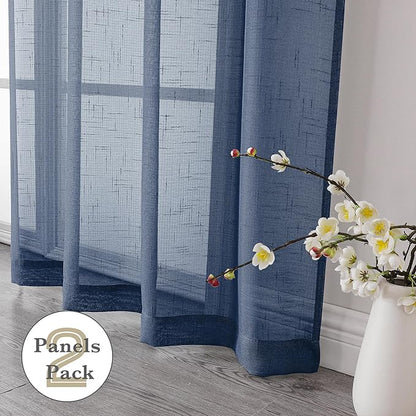 Aiyueng Kirei 2 PCS Faux Linen Navy Blue Kitchen Sheer Curtains 36 inch Length, Soft Lightweight Textured Short Cafe Curtains for Farmhouse Bathroom Bedroom Small Windows, Each 30Wx36L inch, Navy